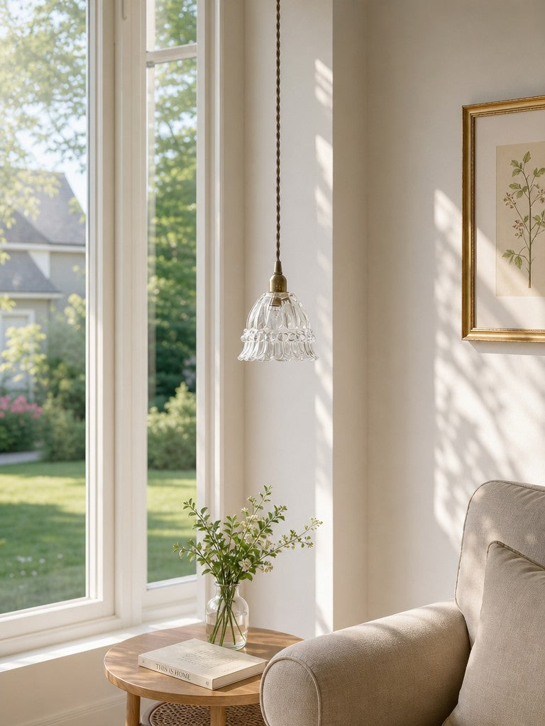 Franse Landelijke Hanglamp Glazen Kap Kwallen Design Transparant of Amber met Walnoot Greep Sfeerverlichting Eetkamer Elegante Plafondlamp | Sansoti