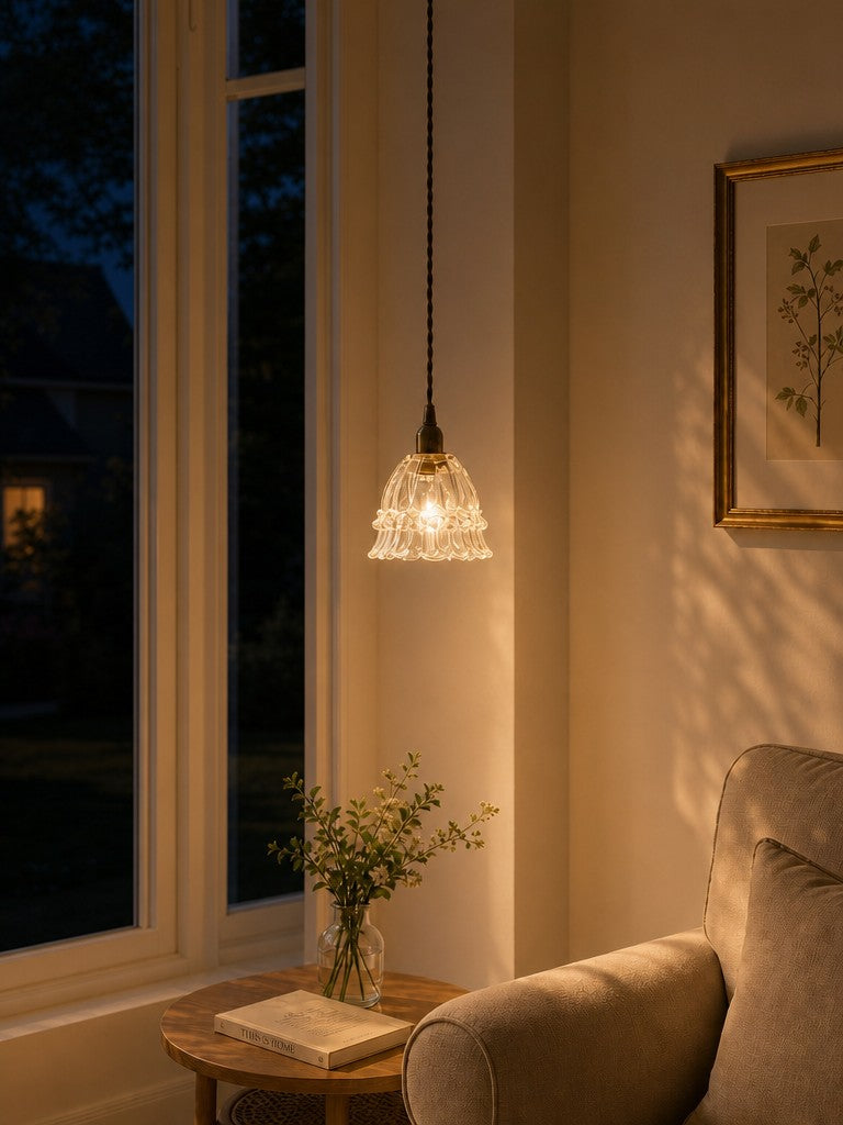 Franse Landelijke Hanglamp Glazen Kap Kwallen Design Transparant of Amber met Walnoot Greep Sfeerverlichting Eetkamer Elegante Plafondlamp | Sansoti