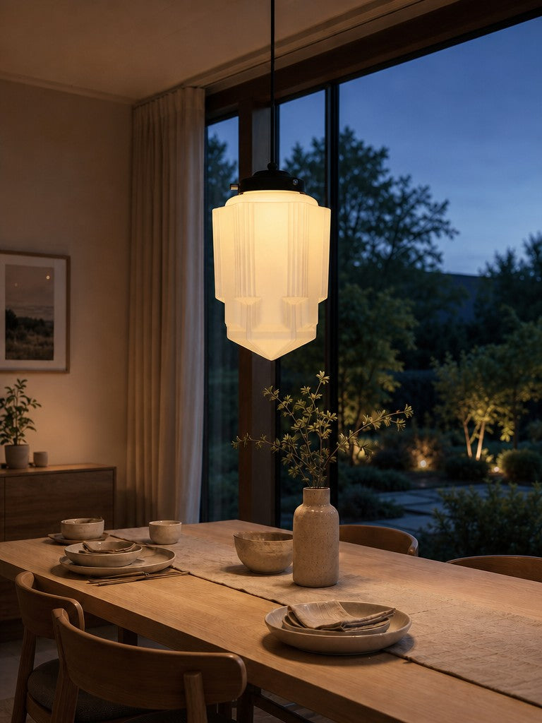 Vintage Art Deco Melkglas Hanglamp met Gestreepte Kap voor Eetkamer en Woonruimte | Sansoti
