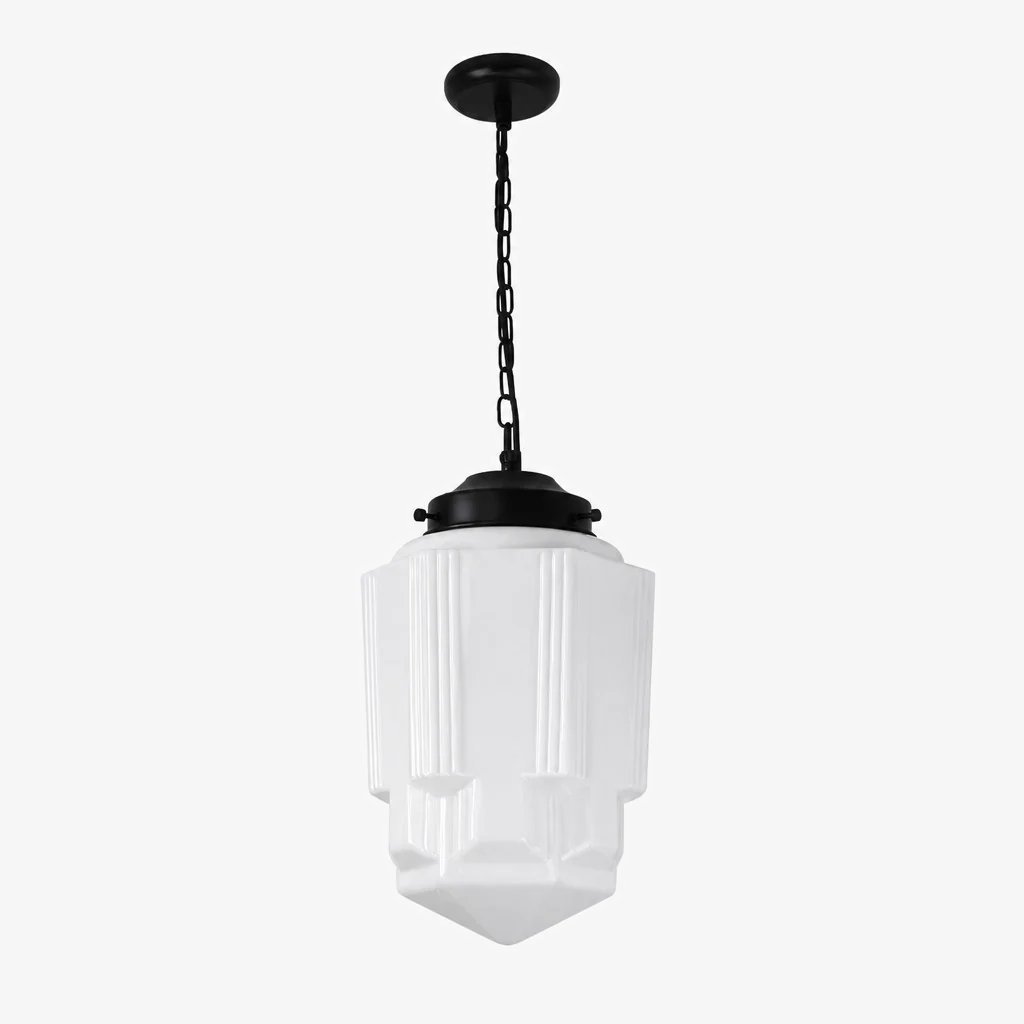 Vintage Art Deco Melkglas Hanglamp met Gestreepte Kap voor Eetkamer en Woonruimte | Sansoti