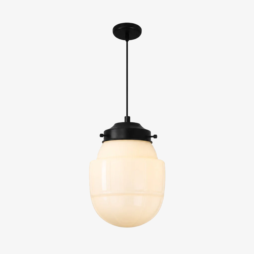 Vintage Art Deco Melkglas Hanglamp met Gestreepte Kap voor Eetkamer en Woonruimte | Sansoti