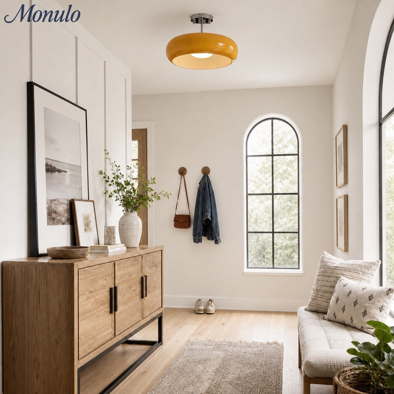 Plafondlamp Glazen Schijf Bauhaus Design Messing of Chroom Oranjegeel of Wit Glas Retro Stijlvolle Verlichting | Sansoti