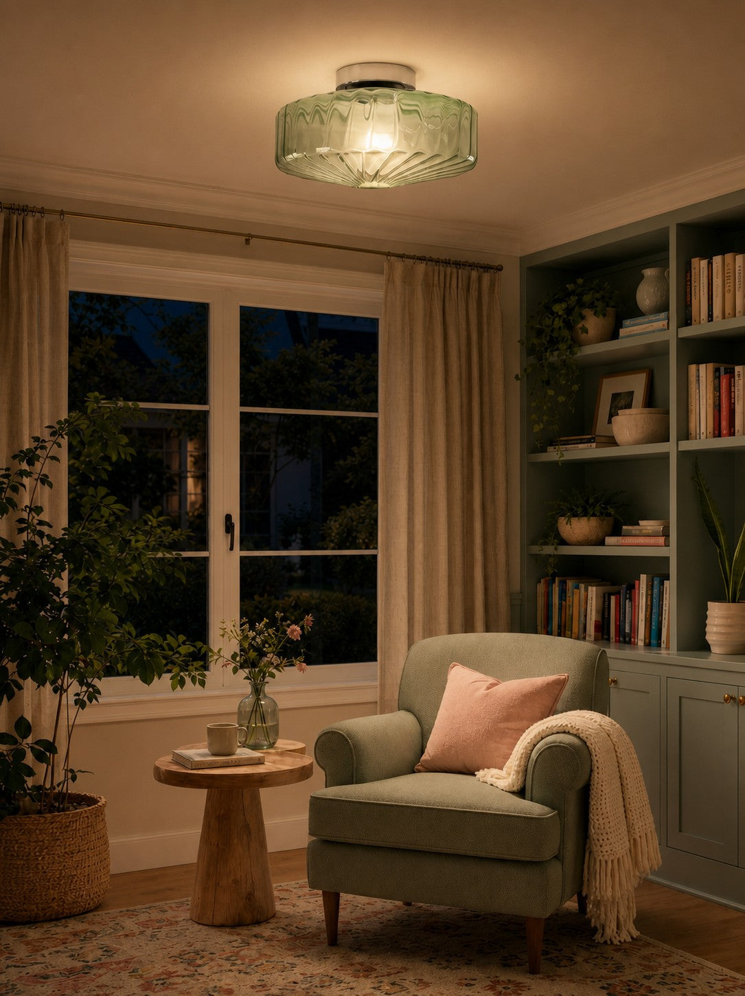 Vintage Geribbeld Glazen Plafondlamp Groen – Klassieke Verlichting voor Eetkamer, Entree & Gang | Sansoti