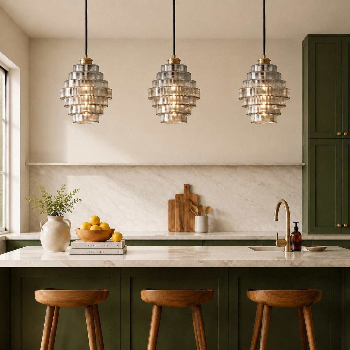 Ribbed Glass Pendant Light Layered Bottle Design E27 22cm Dining Area Ceiling Light Vintage Style Living Room | Sansoti
