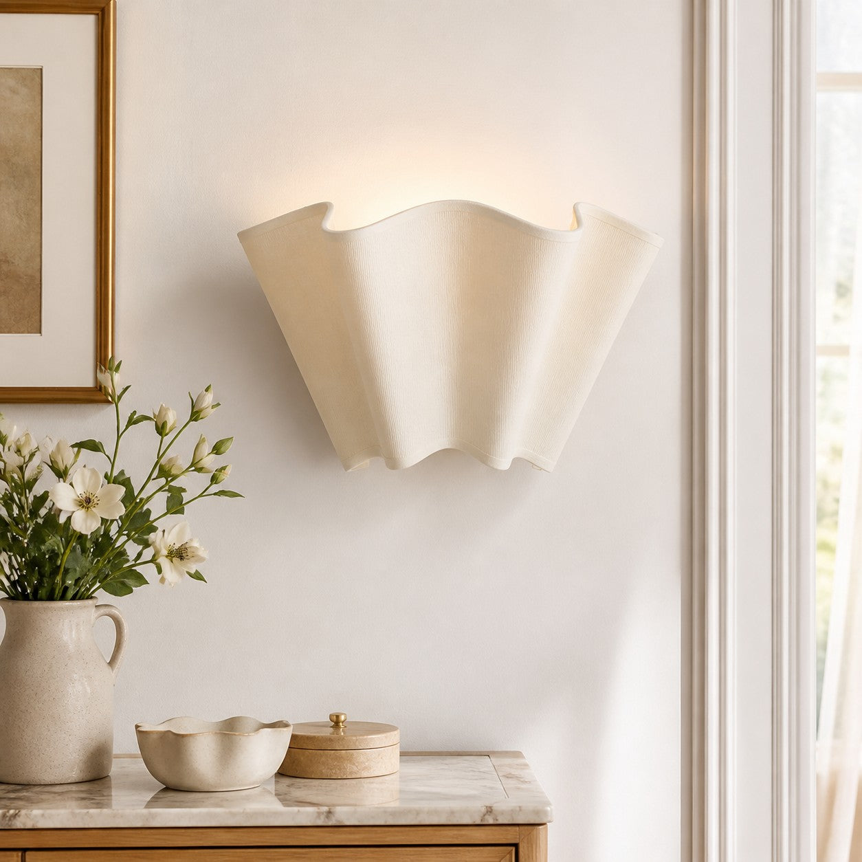 Wandlamp met Scalloped Linnen Kap Retro Design Klassieke Sfeerverlichting voor Woonkamer Slaapkamer Leeshoek | Sansoti