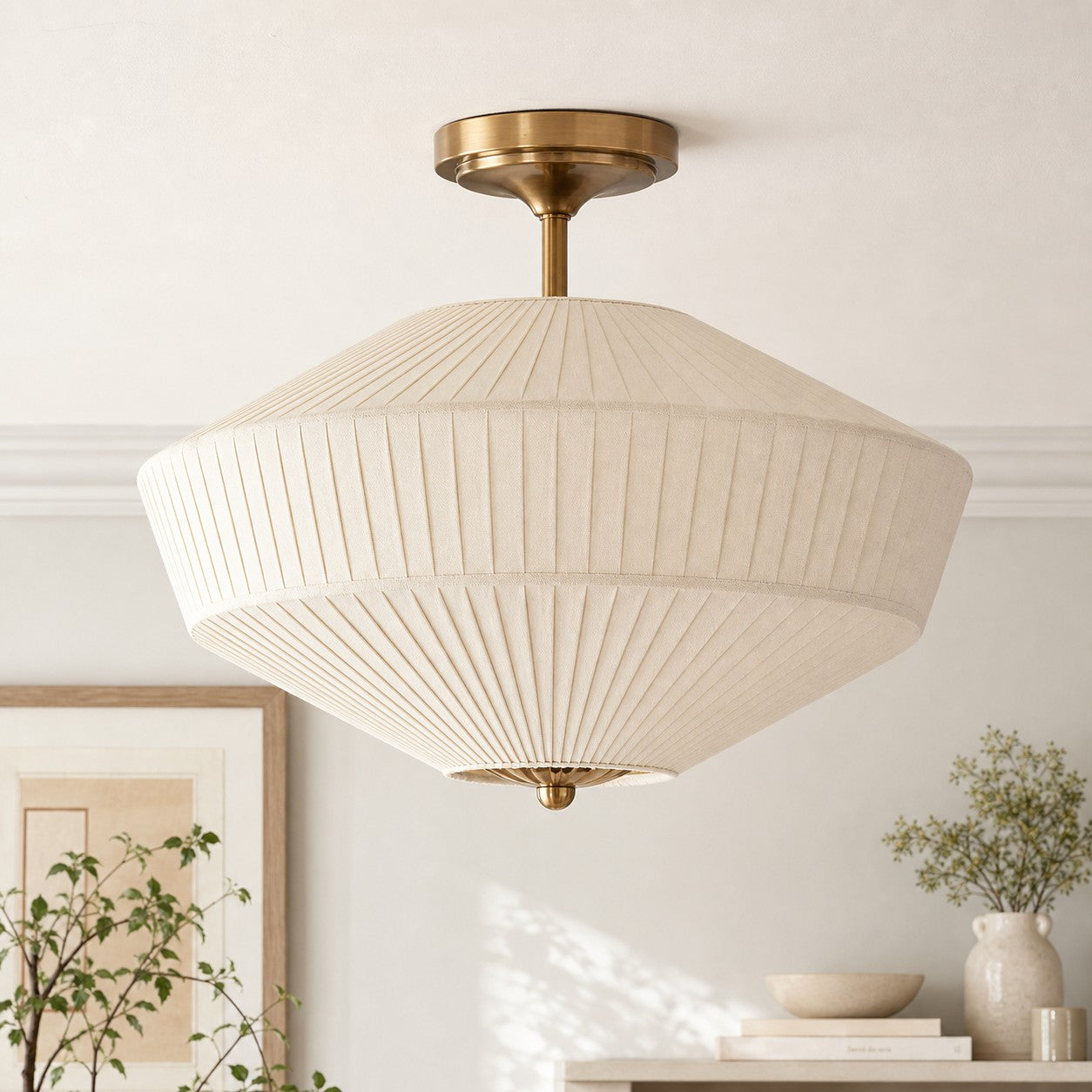 Semi-Flush Plafondlamp Metaal Stoffen Kap Gestroomlijnde Vormgeving Hedendaagse Verlichting Woonkamer Slaapkamer Scandinavisch Interieur Vintage Details | Sansoti
