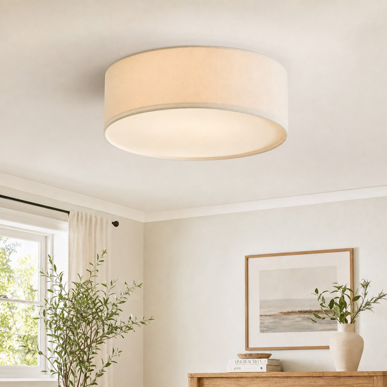 Plafondlamp met Linnen Kap – Drumvorm Ø30/45cm – Modern Scandinavisch Design – Elegante Verlichting Woonkamer Slaapkamer Eetkamer | Sansoti