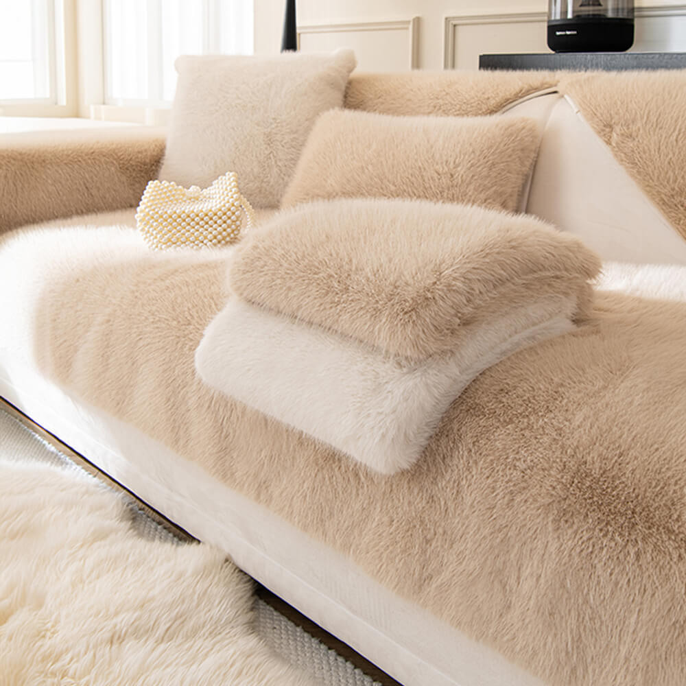 Weicher Sofabezug Rutschfestes Kunstfell Creme Grau Grün Waschbarer Plüschschutz für jedes Sofa | Sansoti