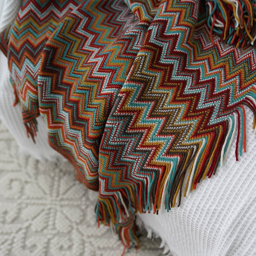 Knitted Throw with Zigzag Fringes – Soft Crochet Blanket for Sofa and Bed, All Seasons, Bohemian Style | Sansoti