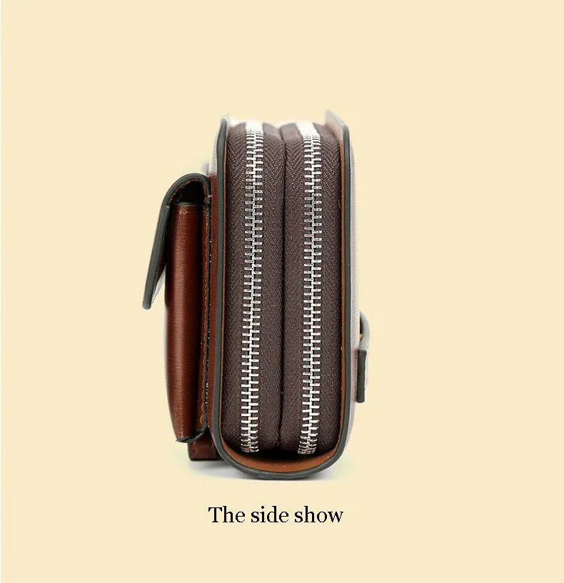 Pochette compacte pour homme avec dragonne, noir et marron, similicuir, compartiments, porte-cartes, portefeuille, organiseur, fermeture éclair | Sansoti