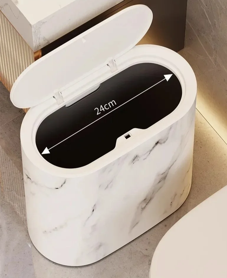 Afvalbak Marmerdesign Ellips Push Deksel Badkamer WC Kantoor Nordic Scandinavisch Compact Hygiënisch | Sansoti
