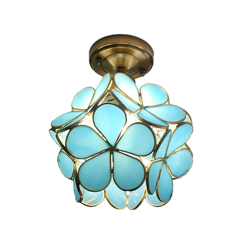 Glazen Plafondlamp met Bloemmotief – Vintage Glas-in-Lood Stijl – 8 inch – Roze/Blauw/Groen/Helder – Retro Semi-Flush Plafondverlichting voor Hal en Gang | Sansoti