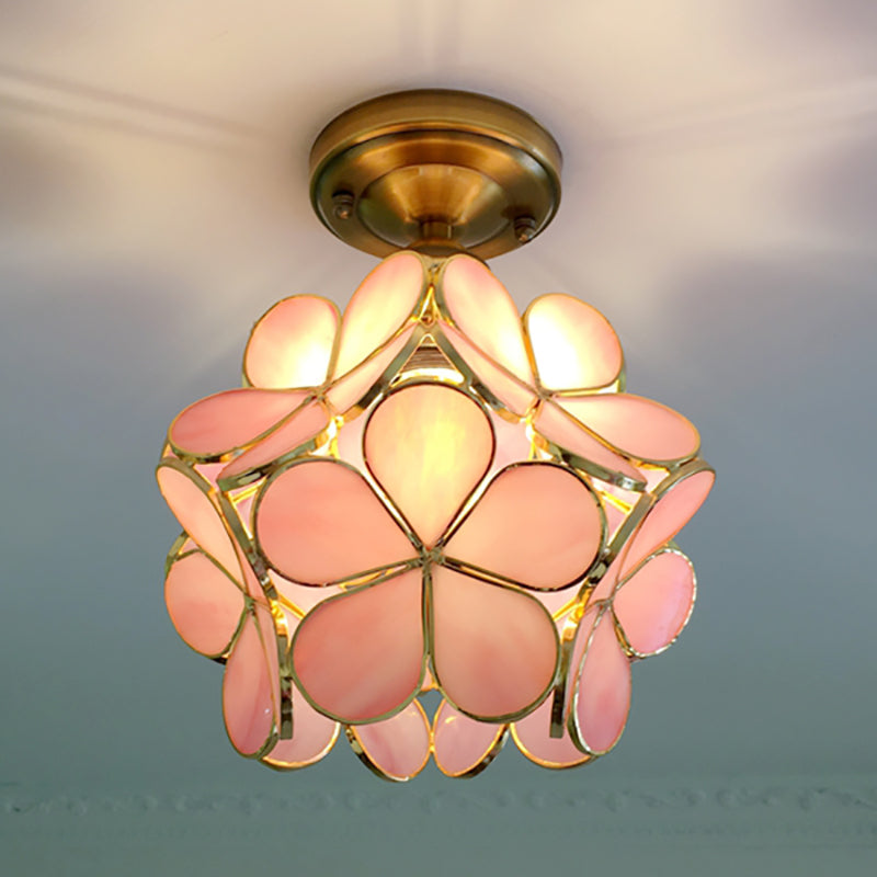 Glazen Plafondlamp met Bloemmotief – Vintage Glas-in-Lood Stijl – 8 inch – Roze/Blauw/Groen/Helder – Retro Semi-Flush Plafondverlichting voor Hal en Gang | Sansoti