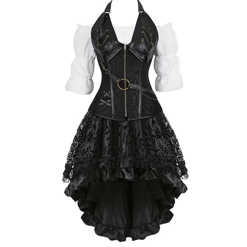 Pirate Corset Costume Set Faux Leather Off-Shoulder Blouse Layered Skirt Steampunk Gothic Halloween Costume | Sansoti