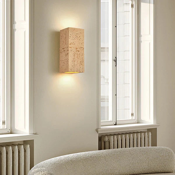 15:24 Japandi Wandleuchte Travertin-Optik Zement Rechteck Warmlicht Wohnzimmer Schlafzimmer | Restfield