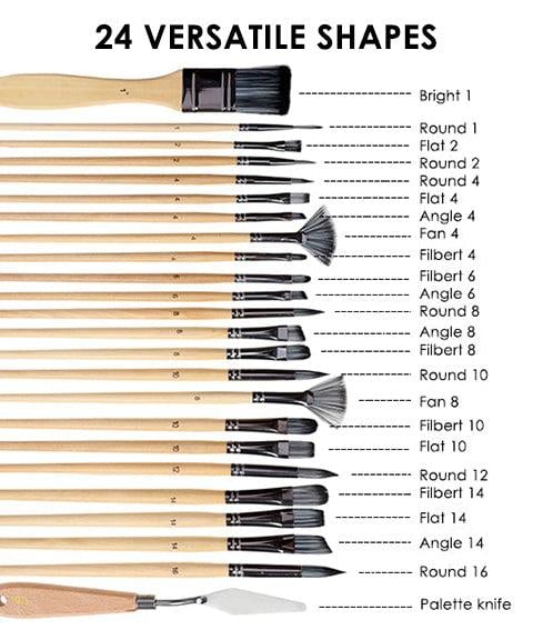 Pinselset 24-teilig mit Palettenmesser Nylonpinsel für Acryl-, Aquarell- und Ölfarben Hobby Kreatives Malen | Sansoti