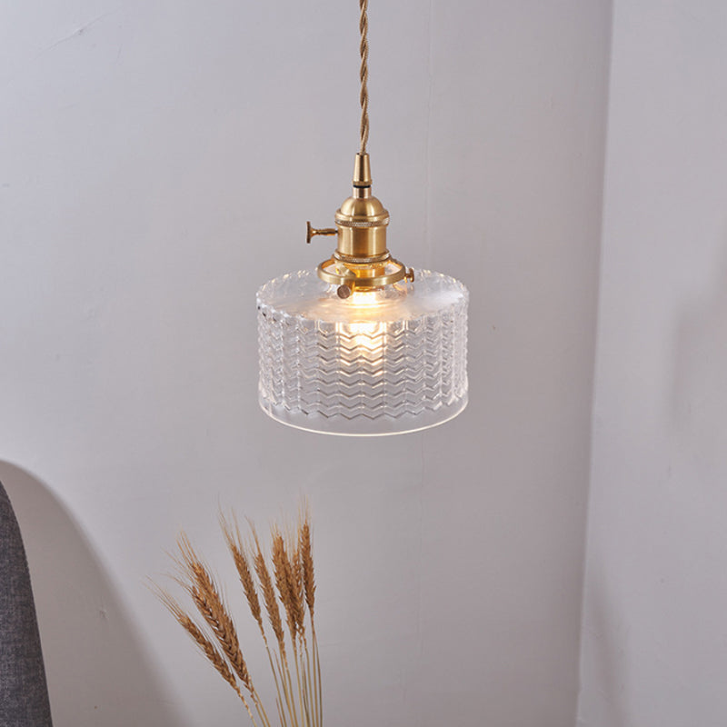 Industriële Hanglamp met Golvend Glas | Korte Cilinder Plafondlamp E26/E27 | Messing Afwerking met Draaischakelaar | Sansoti