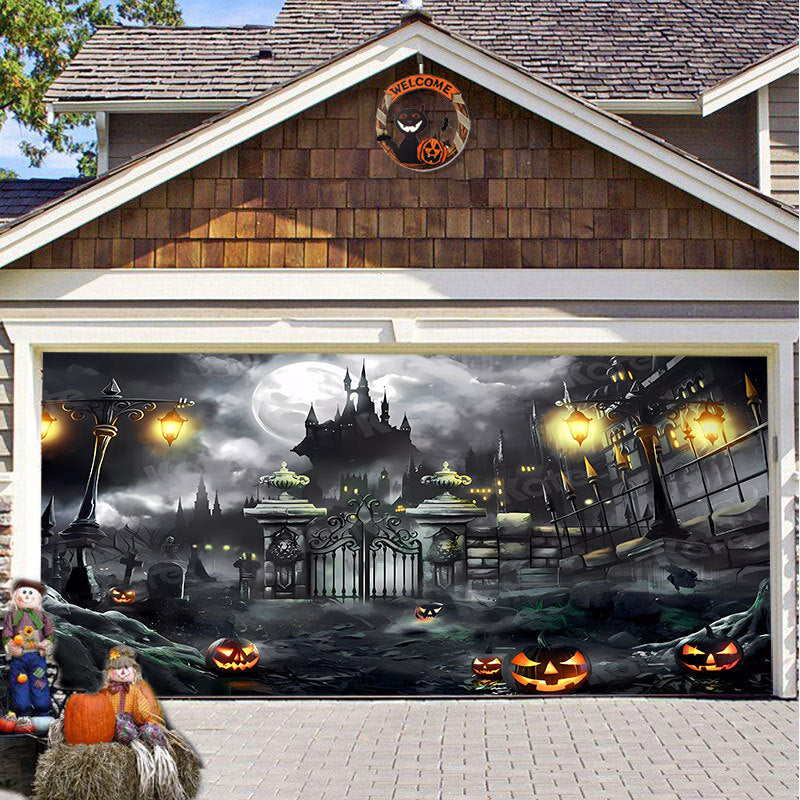 Halloween Garagedeur Decoratie Spookachtige Bedrukking Schaduwdoek Herbruikbaar Horror Sfeer Doek Waterdicht Buiten Feestversiering | Sansoti