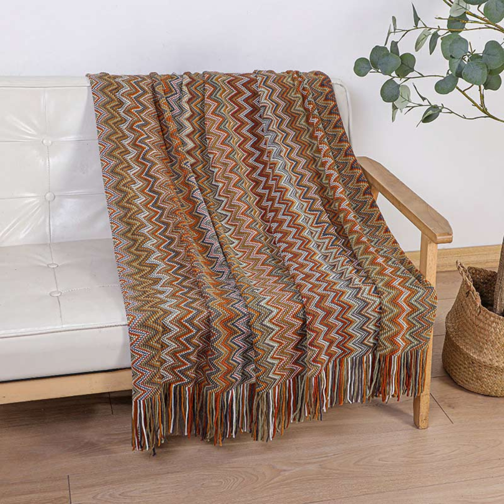 Knitted Throw with Zigzag Fringes – Soft Crochet Blanket for Sofa and Bed, All Seasons, Bohemian Style | Sansoti