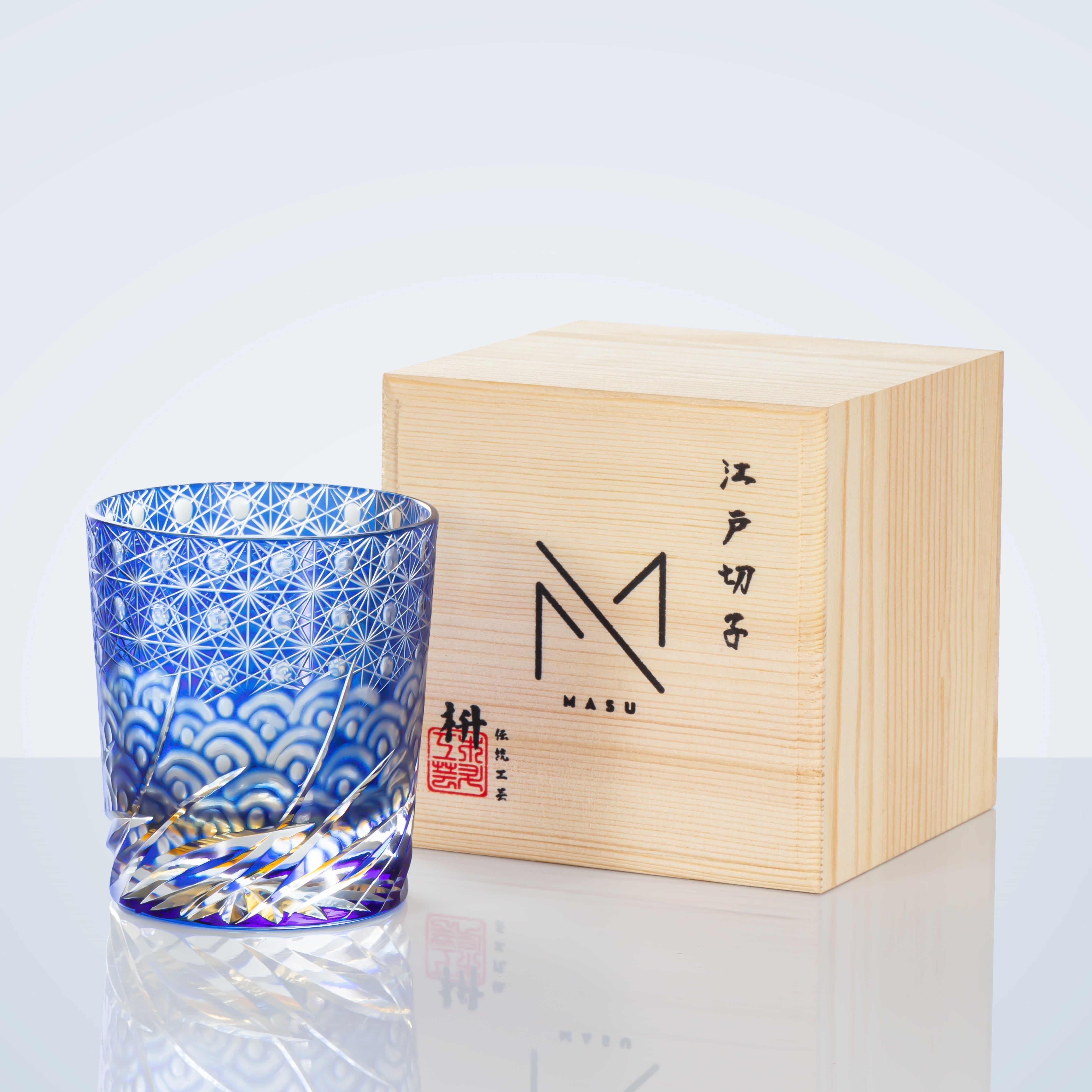 Whiskeyglas Edo Kiriko Blauw Amber Handgemaakt Sterchysant Sterrenzee Japans Kristal | Sansoti