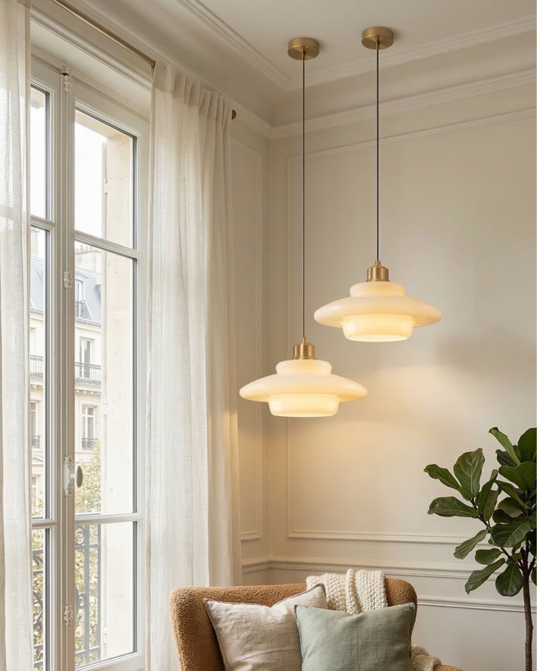 TINA Hanglamp – Mid-Century Melkwit Glas met Geborsteld Messing | Moderne Eetkamer & Keukenverlichting | Verstelbaar | E27 Fitting | Sansoti