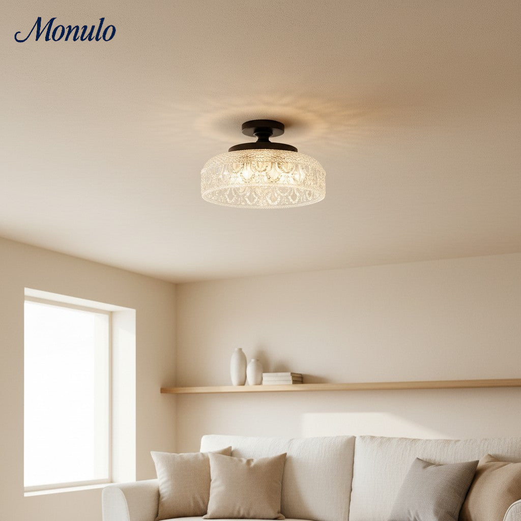 Geribbelde Glazen Plafondlamp met Metalen Armatuur – Minimalistische Verlichting voor Slaapkamer en Gang | Sansoti
