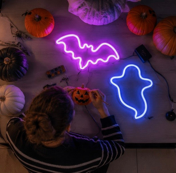 Neon-Tischlampe Fledermaus Geist LED-Beleuchtung Halloween-Ambientebeleuchtung Dekorative Themen-Nachtlampe für Kinder | Sansoti