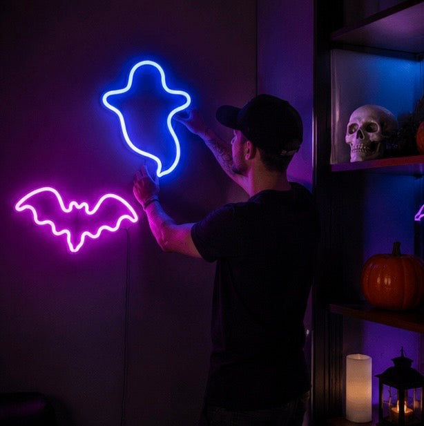 Neon-Tischlampe Fledermaus Geist LED-Beleuchtung Halloween-Ambientebeleuchtung Dekorative Themen-Nachtlampe für Kinder | Sansoti