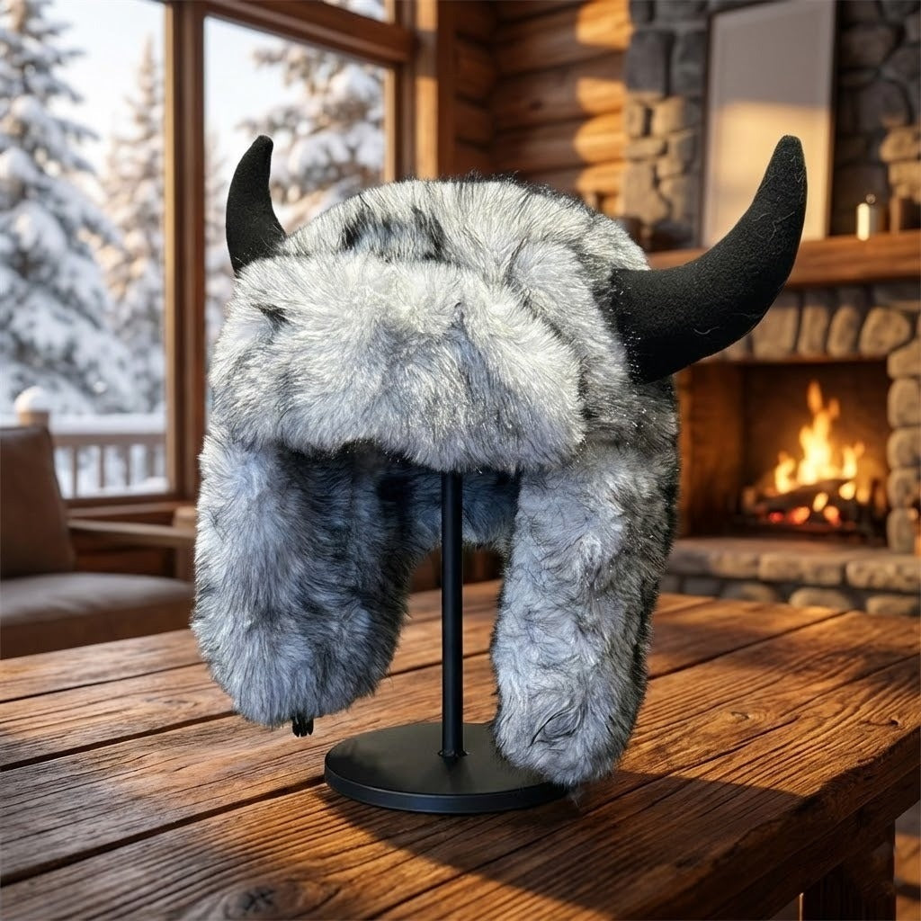 Trapper Hat with Horns and Faux Fur – Warm Unisex Winter Hat for Festivals, Snow, and Outdoor Adventures | Sansoti
