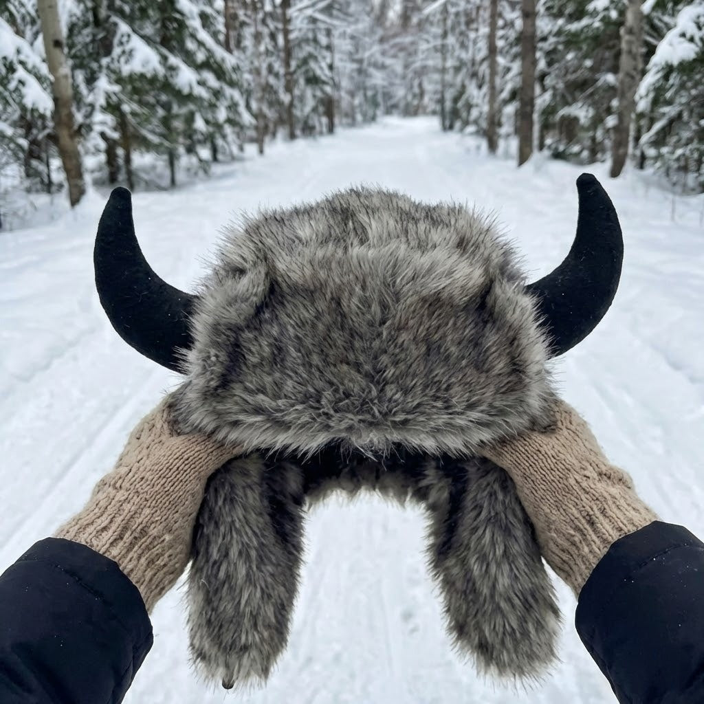 Trapper Hat with Horns and Faux Fur – Warm Unisex Winter Hat for Festivals, Snow, and Outdoor Adventures | Sansoti