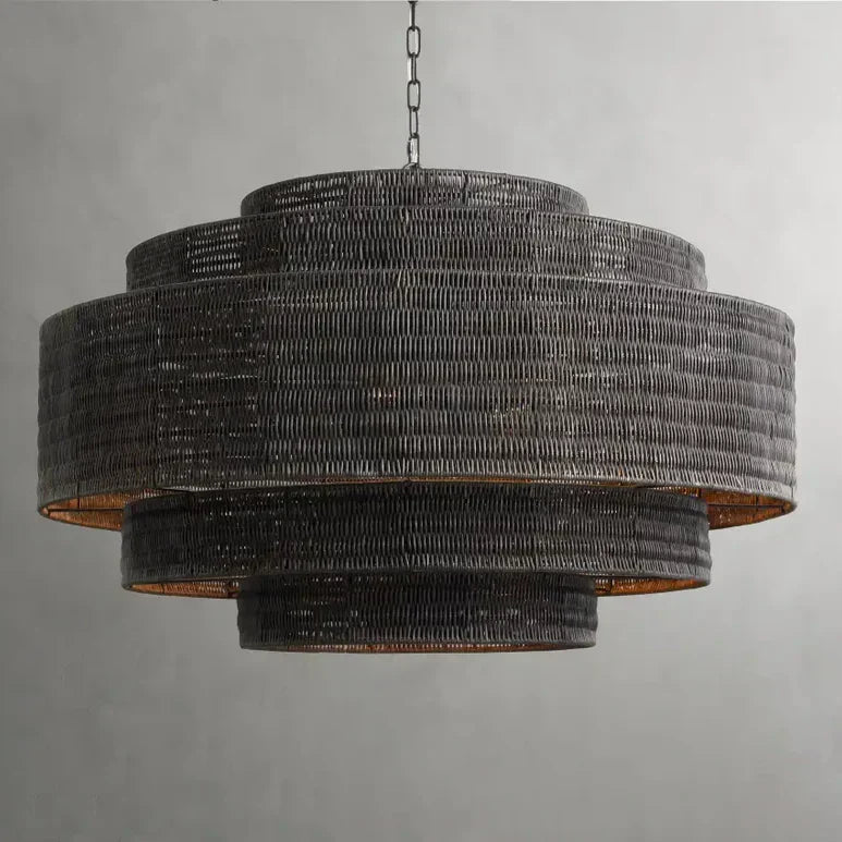 Lustre en rotin tressé, structure en fer à plusieurs niveaux, hauteur réglable, suspension pour éclairage de salle à manger et de salon | Sansoti