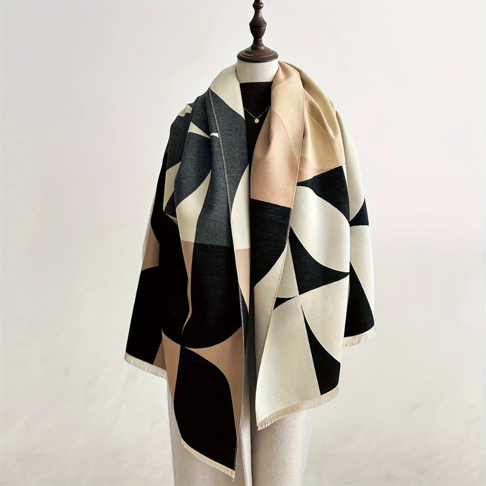 Omkeerbare Sjaal met Geometrisch Blokdesign Warm Zachte Microvezel Poncho voor Herfst en Winter | Sansoti