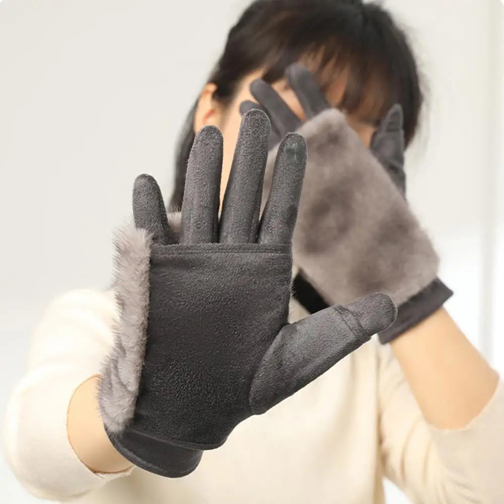 Suede Winter Gloves with Rabbit Fur Touchscreen Fingers Warm Unisex Elegant Gloves for Women and Men | Sansoti