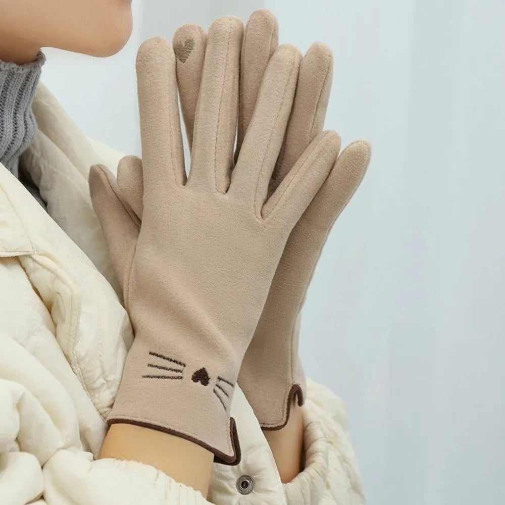 Women's Touchscreen Winter Gloves with Cat Print, Fleece-Lined, Warm Stretch Gloves, Gray Beige | Sansoti