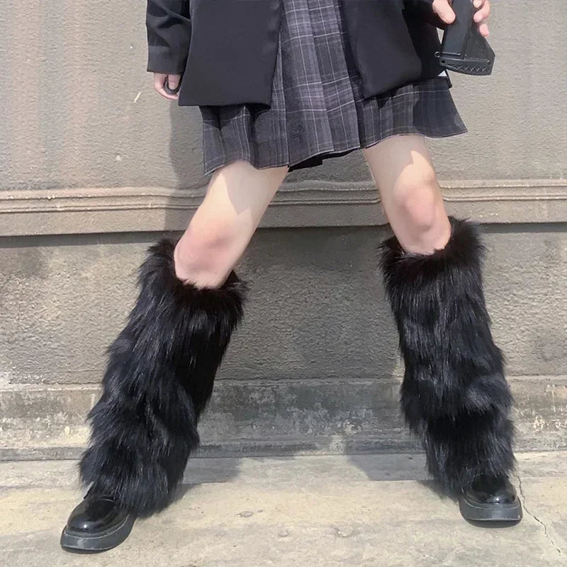 Fluffy Faux Fur Leg Warmers Black Winter Low Over Boots Harajuku Cosplay Accessory Streetwear Fashion | Sansoti