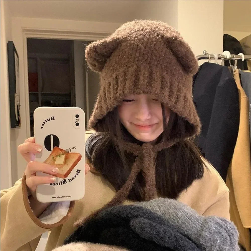 Knitted hooded hat with bear ears wool women's winter warm knitted tie band one size comfortable | Sansoti