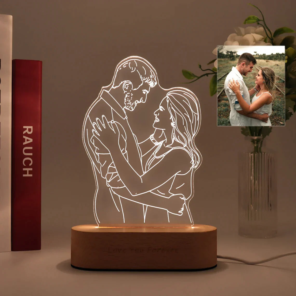 Gepersonaliseerde Foto Lamp met Lijntekening | Nachtlampje met Jouw Herinneringen op Acryl en Hout | Sansoti