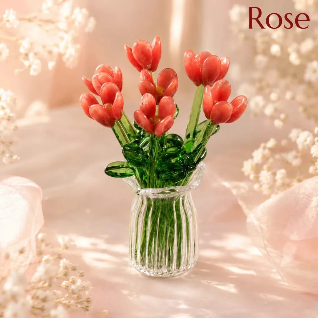 Glasblumenstrauß mit Miniaturvase, 7-teilig, handgefertigtes dekoratives Kunstglas, Wohnzimmer-, Tisch- und Raumdekoration | Sansoti