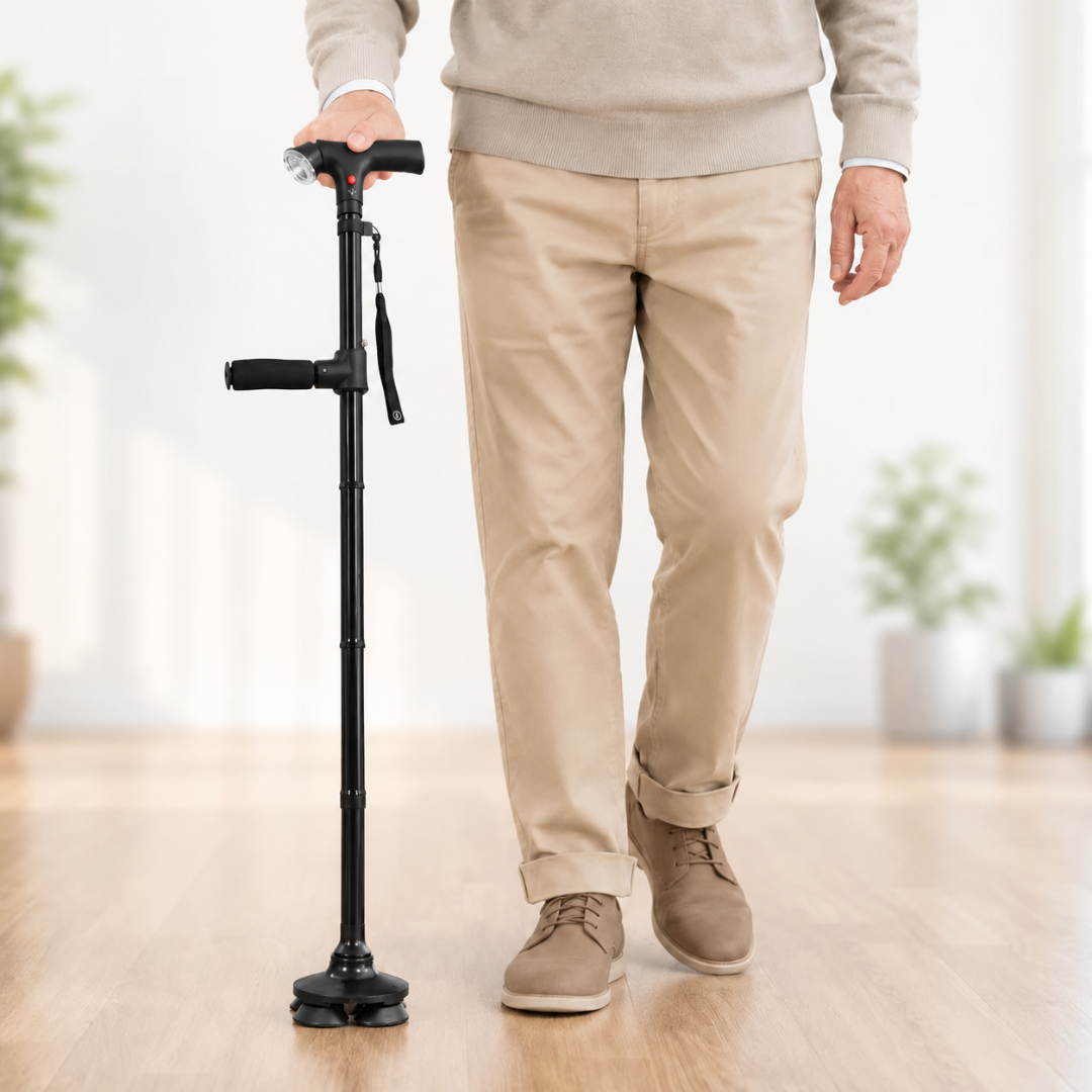 Foldable Quad Cane Aluminum Adjustable with LED Light Alarm 85-95cm Black Mobility | Sansoti