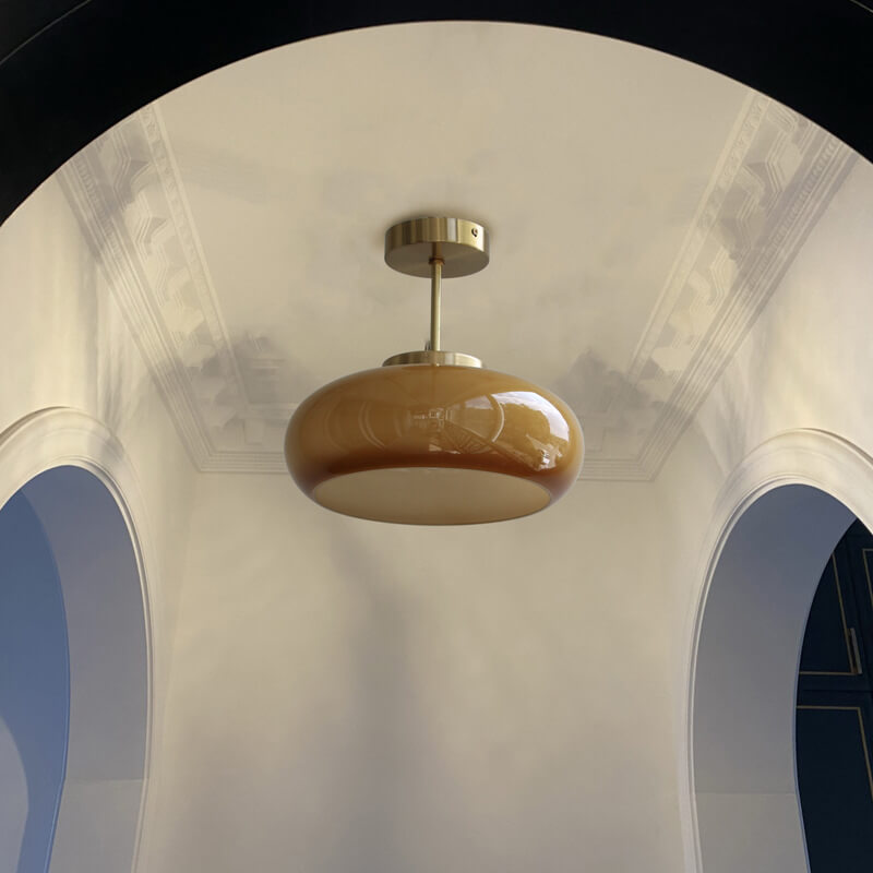 Vintage Plafondlamp van Geel Glas met Messing | Semi-Flush LED Plafondverlichting | Sansoti
