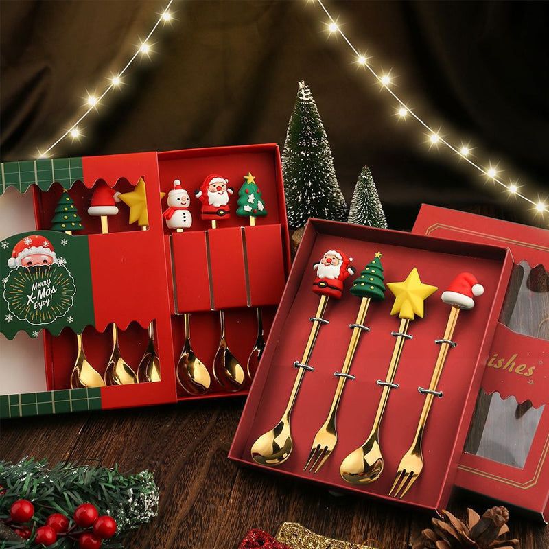 Set de couverts festifs de Noël, cuillère et fourchette en acier inoxydable, or et argent, vaisselle décorative pour table de réveillon | Sansoti