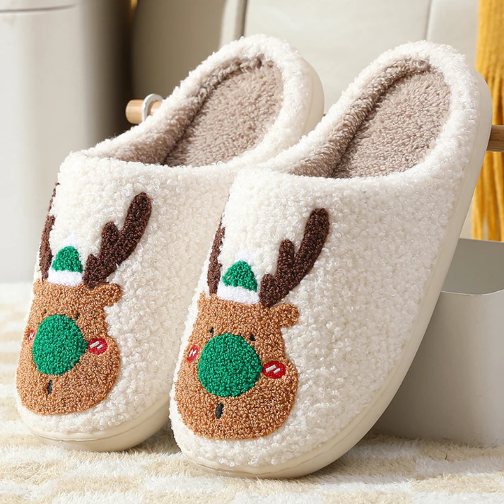 Christmas Reindeer House Slippers Thickly Lined Non-Slip Sole Warm Comfortable Indoor Winter Footwear for the Holidays | Sansoti