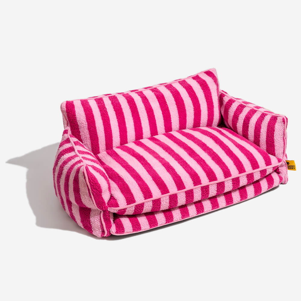 Gestreepte Pluche Hondenbed Tweelaags Kunstlam Warm Afneembaar Beige Roze Zwart M L XL 2XL Huisdier Comfort | Sansoti