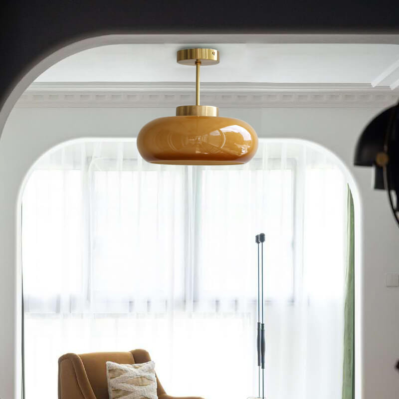 Vintage Plafondlamp van Geel Glas met Messing | Semi-Flush LED Plafondverlichting | Sansoti