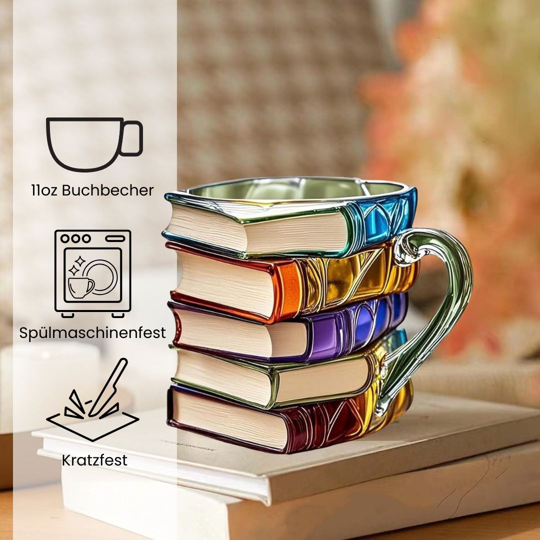 Handgemaakte 3D Boekenmok met Reliëf – Boekenliefhebber Cadeau – Dikwandig Glas – Koffie Thee Beker – Gedetailleerde Boekenruggen | Sansoti