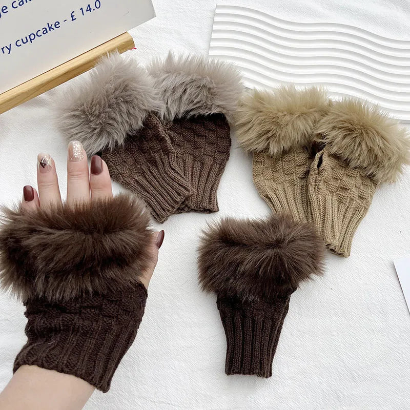 Fingerless Gloves with Faux Fur Wrist Warmer, Wool Hand Warmer, Stretchy, for Colder Days, Winter Comfort | Sansoti