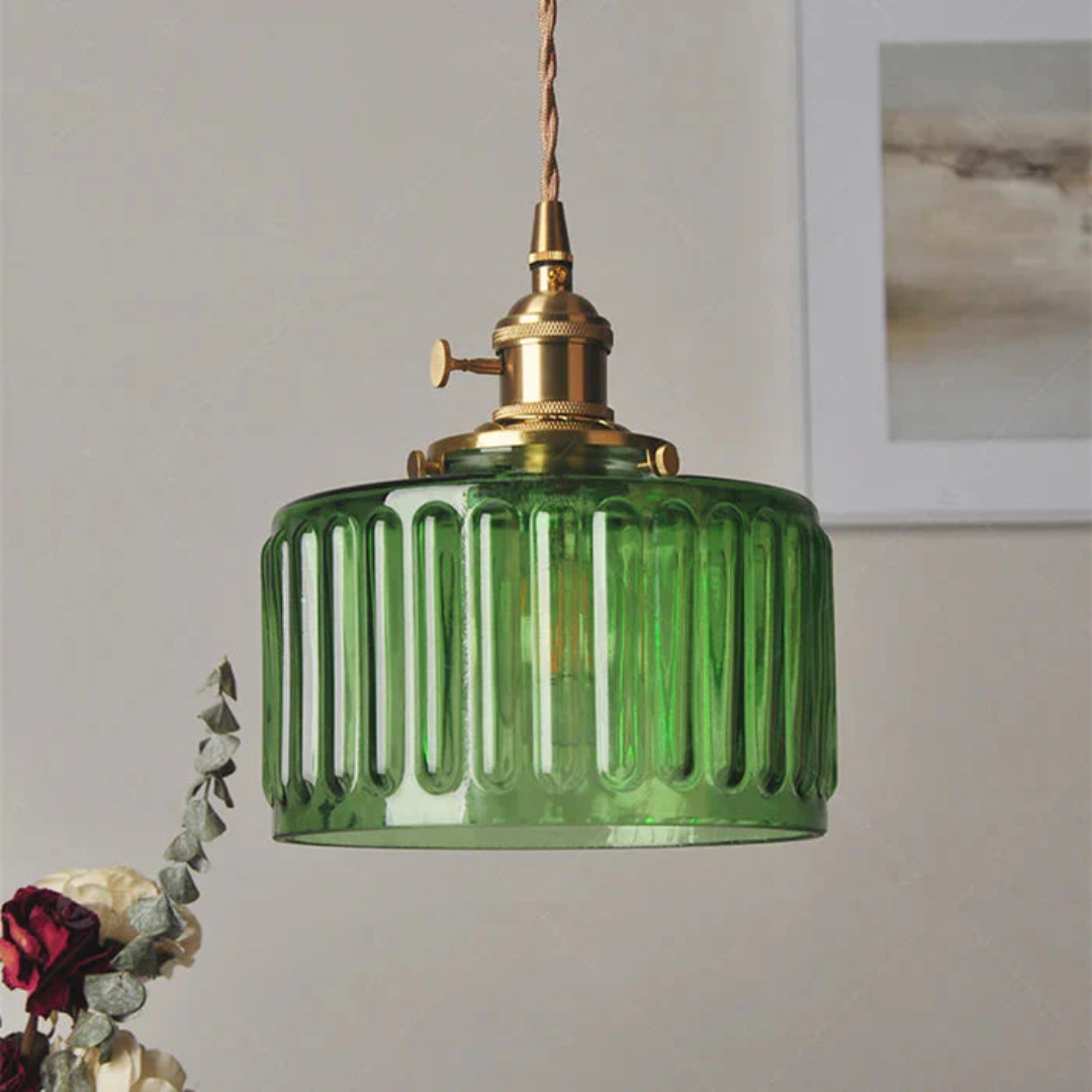 Quilivon Hanglamp Glas Messing Groen E27 Keuken Eettafel Retro Verlichting Geribbeld Glas Design | Sansoti