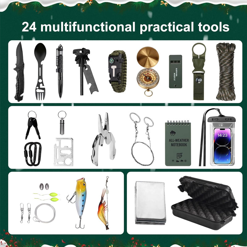 Advent Calendar with Survival Tools, 24 Compartments, Outdoor Camping Hiking Survival Kit Christmas Decoration | Sansoti