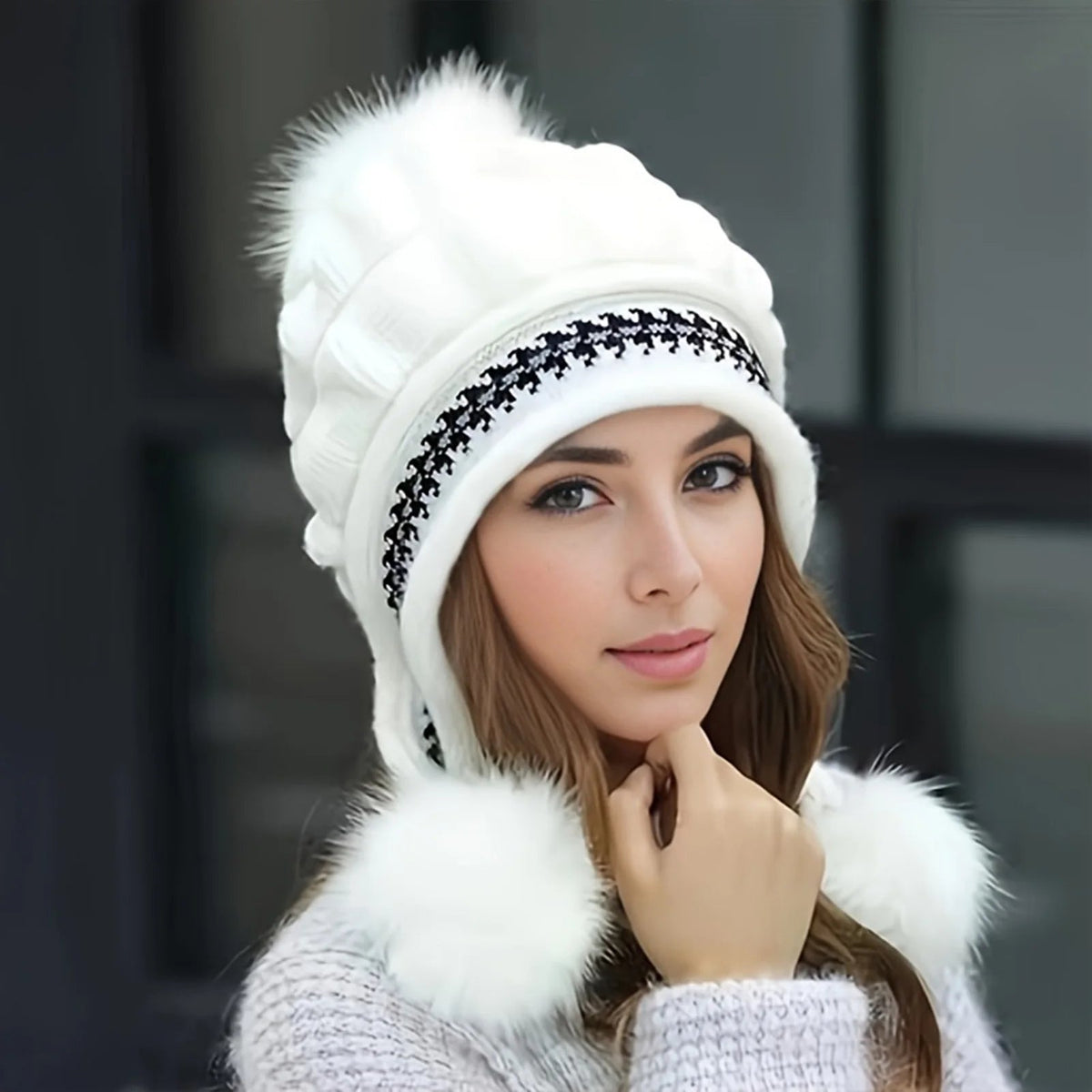 Lined Winter Hat with Faux Fur Pom-Pom and Ear Flaps, Knitted Beanie Ski Hat, Warm Women's Headwear | Sansoti