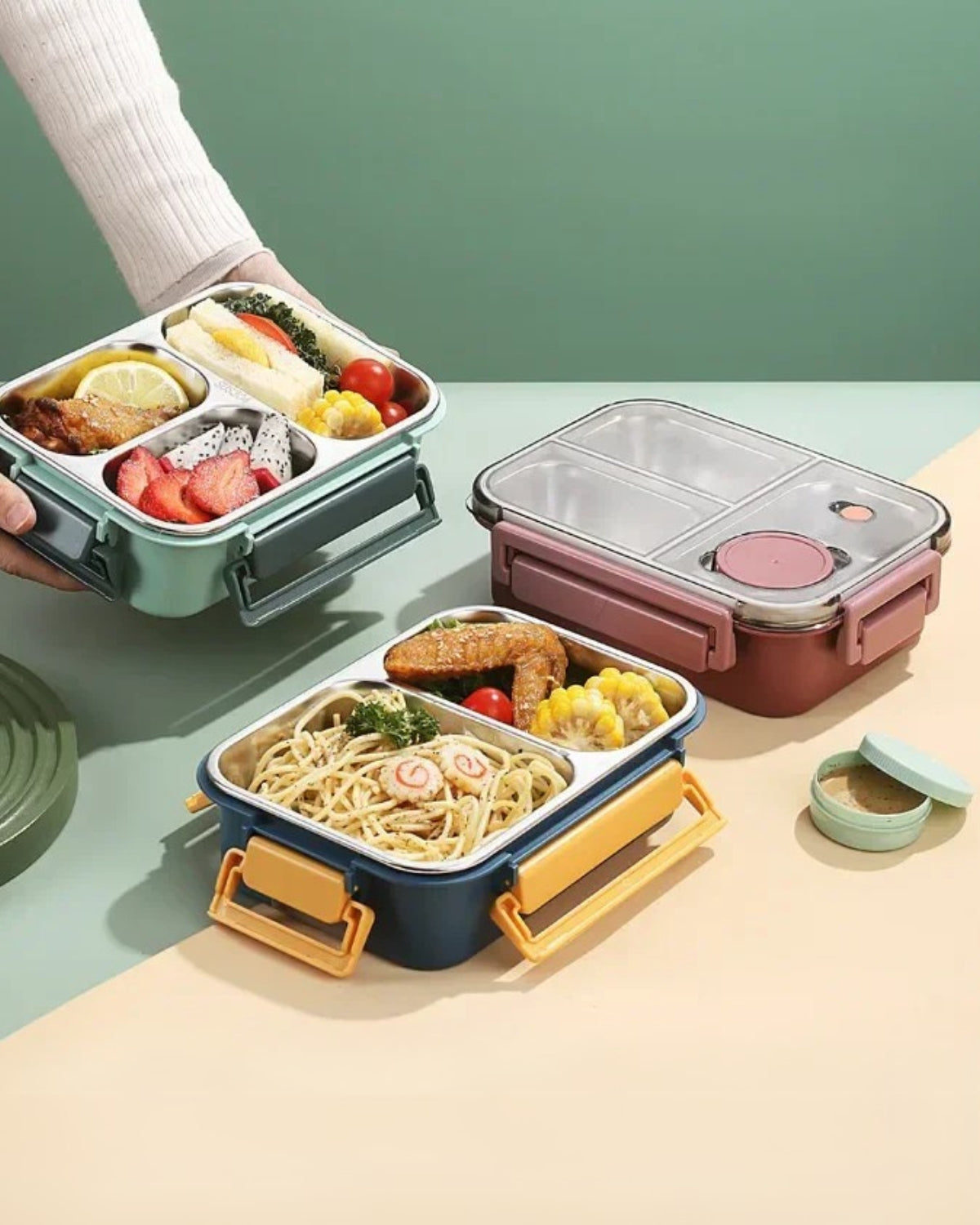 Geïsoleerde Lunchbox met Compartimenten - Warmhoudbakje voor Onderweg Groen Rood Blauw 2 of 3 Vakken - Premium Maaltijdcontainer Werk School Picknick | Sansoti